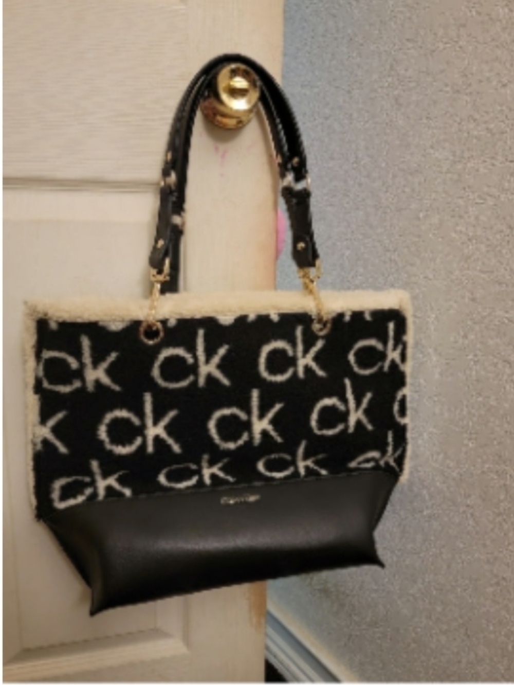 Calvin Klein Black & Cream CK Logo Tote with Gold Accents